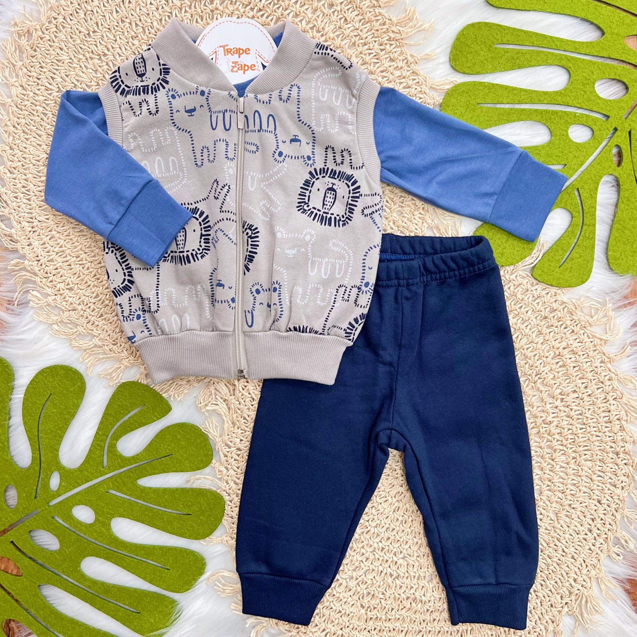 Conj. Colete, Blusa Manga Longa Tiger e Calça de Moletom - Cinza e Azul Jeans